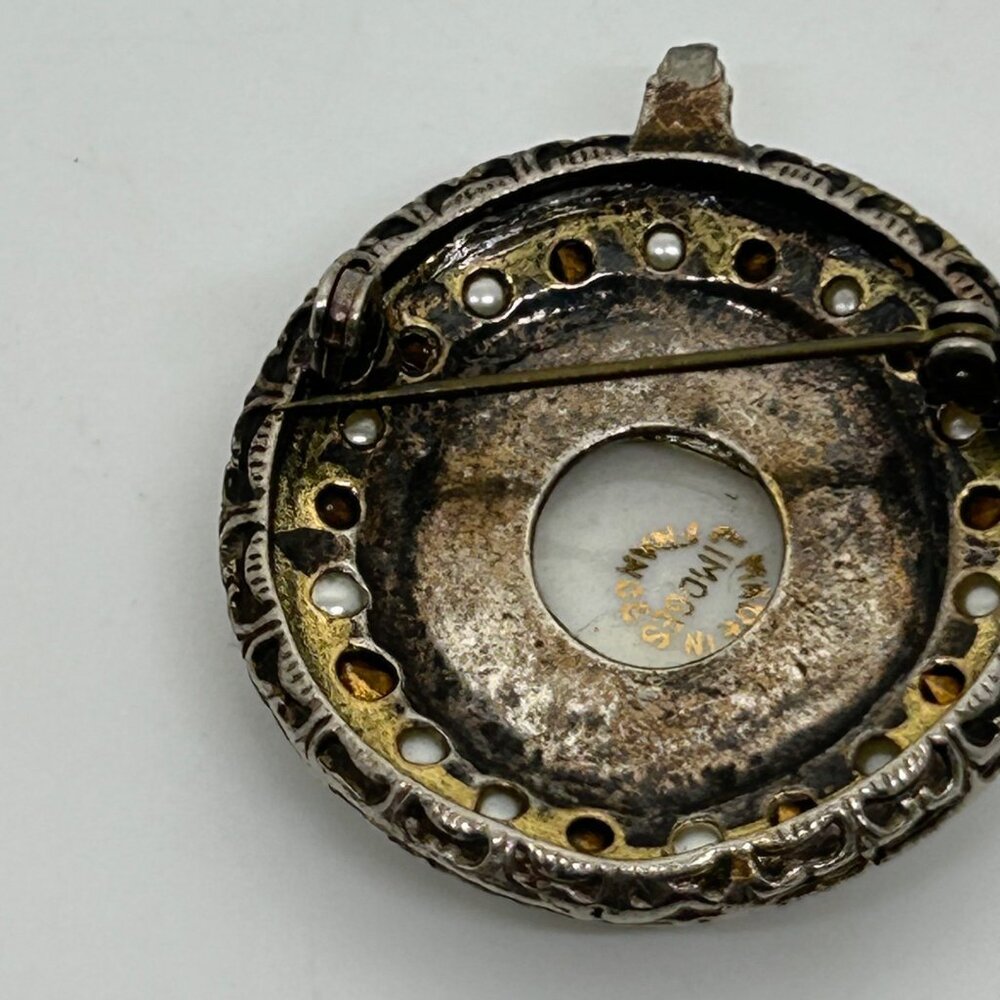 Vintage Limoges Porcelain Cameo Brooch Faux Pearls Rhinestones Hand Painted READ - Picture 9 of 16